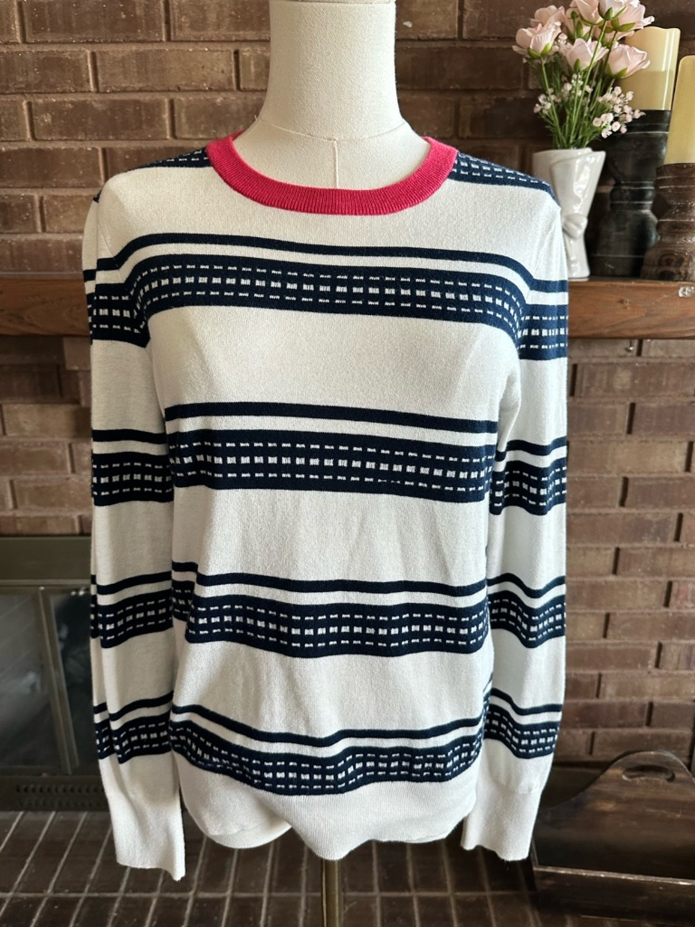 Equipment Femme Striped Cotton Cashmere Sweater XS White Navy Pink Trim Crewneck